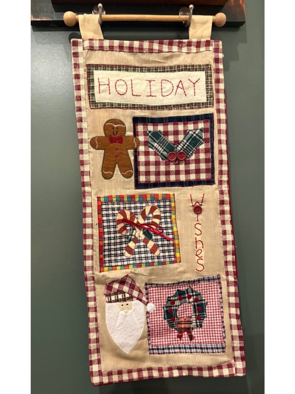 Holiday Patchwork Wall Hanging Santa Candy Cane Rustic Christmas Decor 27"